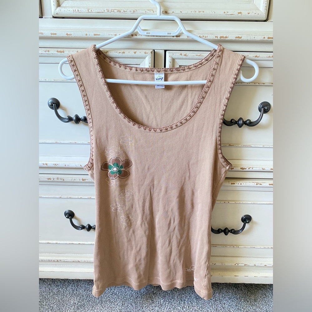 Vintage 90’s Kavio Cotton Sleeveless Scoop Neck Ribbed Tank Top - Beige (L)